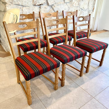 Vintage Solid Carved Danish Oak Dining Chairs in the style of Henning Kjaernulf, Set of 6, Circa 1960’s Denmark 