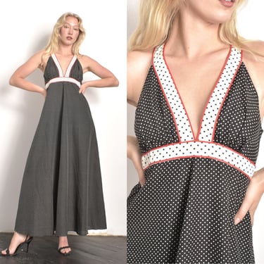 Vintage 1970s Dress /  70s Polka Dot Maxi Dress / Black White Red ( S M ) 