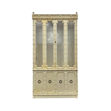 Vintage Faux Bamboo China Cabinet by Drexel Kensington - Chinoiserie Illuminated Glass Display Case Hollywood Regency Lighted Furniture 
