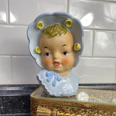 Vintage Baby Head Vase | Ucagco Blue 4185 Bonnet w/Yellow Roses Blue Dress | Baby head vase planter 