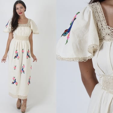 Ivory Cotton Crochet Mexican Dress, Vintage Peacock Toucan Floral Embroidery, Lace Trim Fiesta Party Outfit 