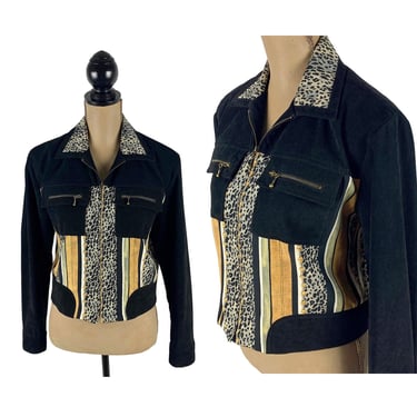 80s Cropped Jacket Large, Shoulder Pad Zip Up Color Block Black + Baroque Leopard Print, 1980s Clothes Women Vintage Nancy Bolen - City Girl 