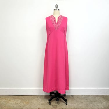 Vintage Maxi Dress | 70s  Sleeveless Gown with Lace and Rhinestones in Hot Pink | size XL 