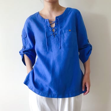 vintage linen shirt linen top linen tunic linen blouse minimalist linen Lauren Ralph Lauren blue Y2K capsule wardrobe size M 