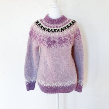 70s/80s Icelandic Mohair Wool Pullover Fuzzy Sweater Light Purple Lavender Black and White | Medium/Large 