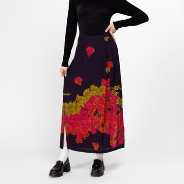 Medium 80s Fall Leaf Print Maxi Skirt | Vintage Blue Red Grunge A Line Long Rayon Skirt 