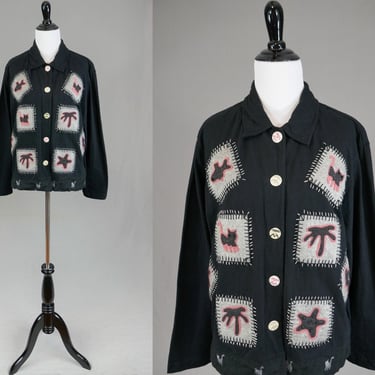 Vintage Black Knit Cat Cardigan - Pink Gray Felt Cats Starfish Shark Tree - Country Wear Casuals Lonnee G Star - Dated 2000 - L 