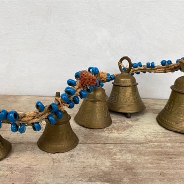 Vintage Sarna Bells, Hanging Bells, Large Size, Bohemian Hippie, Chimes, Bells Of Sarna India, Blue Beads Brass Bell 