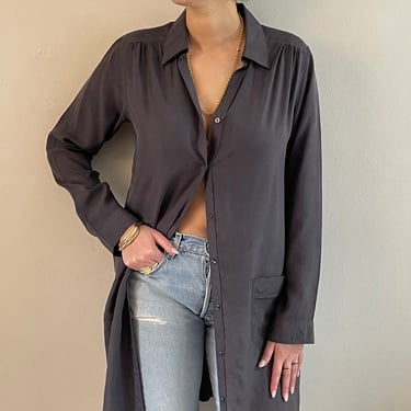 90s silk shirt dress duster / vintage gray 100% silk capsule wardrobe button front shirt shirtdress long line blouse dress duster  | Medium 