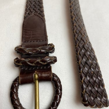 Vtg 80’s 90’s dark brown Leather belt~braided slim skinny trousers belt~ woven boho style unisex open size Small 