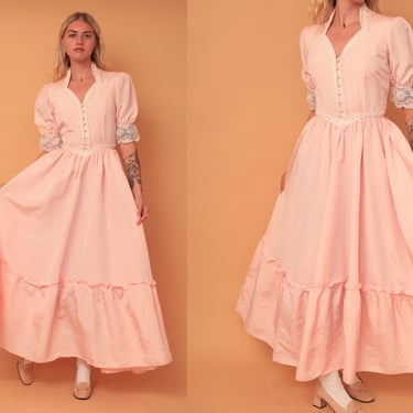Vintage 1980s Gunne Sax Jessica McClintock Baby Pink Lace Pearl Queen Anne Neckline Full Length Gown 