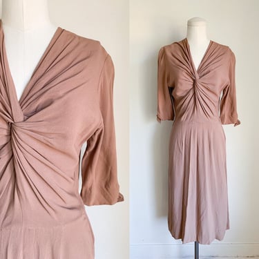 Vintage 1940s Light Brown Rayon Dress / XS 
