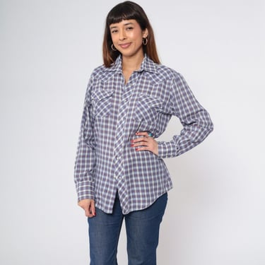 70s Plaid Western Vintage Blue White Red Pearl Snap Button Up Rodeo Shirt Cowboy Long Sleeve Checkered Retro 1970s Men's Medium 15 - 15 1/2 