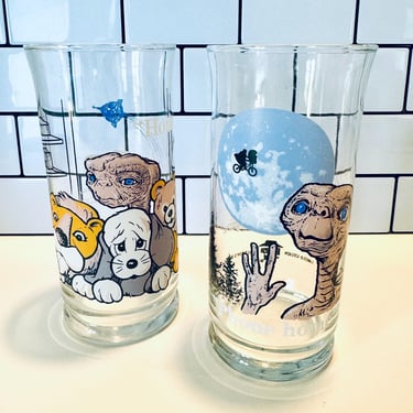 Pair of Vintage E.T. The Extra Terrestrial Limited Edition Pizza Hut 1982 Tall Glasses, Water Glasses, 1980s Retro Drinkware 