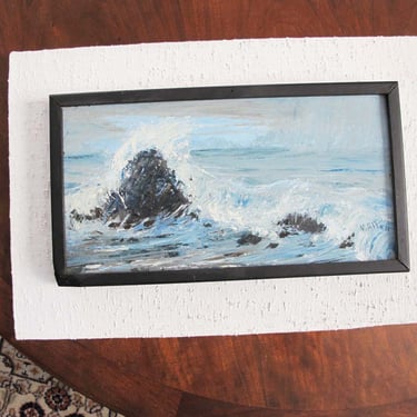 Mid Century Signed Seascape Ocean Oil Painting - 1960s Stormy Breaking Waves Nautical Mounted Artwork - Beach House Decor 
