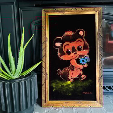 Vintage Mid Century Black Velvet Bear / Carved wood Frame / Kitsch Decor/ Vintage Decor / Vintage Velvet Art 