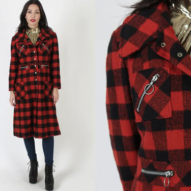 Buffalo Plaid Snap Princess Coat / Mid Length Metal Zipper Pockets / Vintage 60s Punk Inspired Winter Jacket 