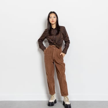 Brown CORDUROY PANTS Trousers Women Xs Pleated High Waist Tapered Cuffed Vintage / 25 26 Inch Waist / Size 3 4 