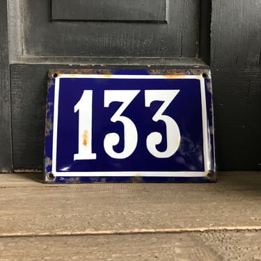 French Enamel Sign, Street Address Sign, Cobalt Blue White Traditional House Number 133 