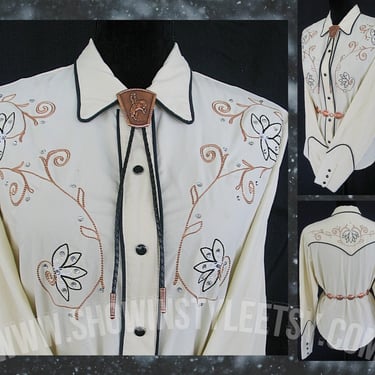 Western Styles Collection Vintage Retro Women's Shirt, Cowgirl Blouse, Ivory with Gold & Black Embroidery, Tag Size Large (see meas. photo) 