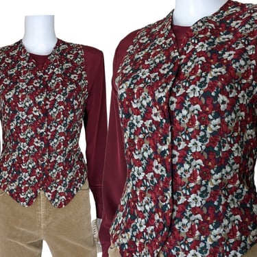 Vintage Floral Vest, Medium / 1990s Women's Vest / Wool Button Vest / Red Floral Steampunk Vest / Vintage Fitted Waistcoat 