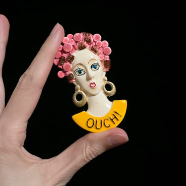 OUCH - Novelty Vintage 80s Crazy Hair Curlers Statement Brooch 
