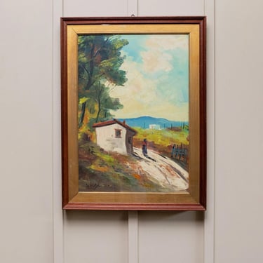 XL Vintage Oil Painting - Wooden Frame golden - Motif Woman Landscape - Italy 1960s - Unique Wall Art, Impressionism 