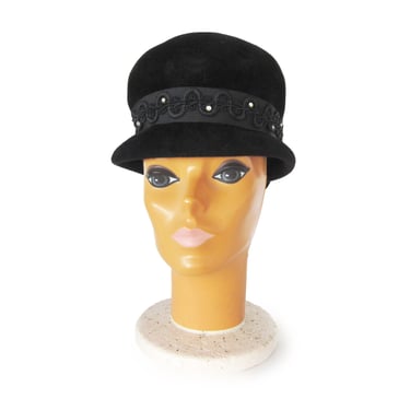 Vintage Black Fashion Hat with Embroidered Brocade Hatband & Rhinestones, Peachbloom Velour Black Felt Wool Top Hat, Rockabilly Style, Sz 22 
