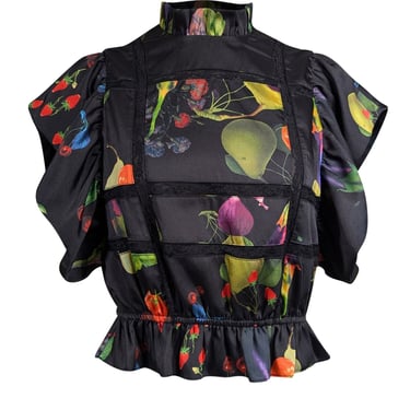 Cynthia Rowley - Black w/ Rainbow Produce Print Ruffled Blouse Sz XS