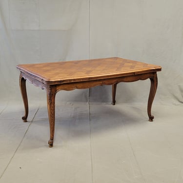 Vintage French Oak Parquet Top Draw Leaf Table