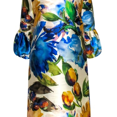 Ann Mashburn - Beige & Multicolor Floral Print Bell Sleeve Shift Dress Sz M
