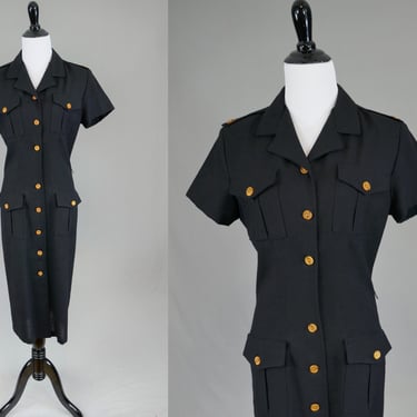 80s Black Safari Dress - Button Front - Epaulet Shoulder - Helene Blake - Vintage 1980s - S Petite 
