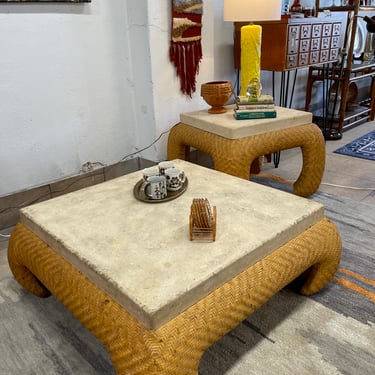 Vintage Alexvale Travertine Top and Leather Base Coffee Table and Side Table