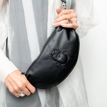 Black Leather Scarab Embossed Belt Bag