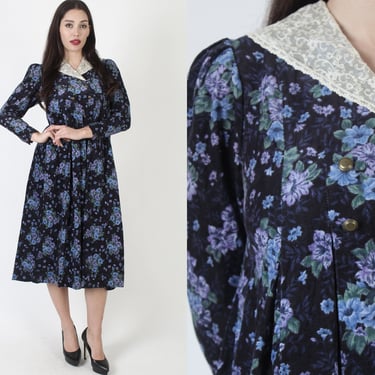 Laura Ashley Electric Blue Flower Dress / Romantic Rustic Garden Florals / 80s Wildflower Lace Collar Country Maxi 