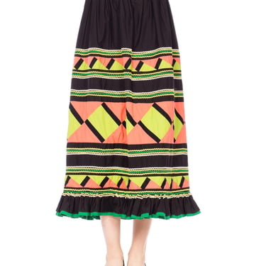 1970S Black Patchwork Cotton Seminole  Skirt With Lime Green & Peach 