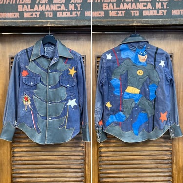 Vintage 1970’s Batman DC Comics Mod Glam Denim x Leather Patchwork Shirt, Amazing Custom, 70’s Vintage Clothing 