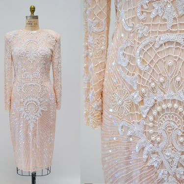 80s 90s Vintage Pink Peach Beaded Sequin Dress Medium // 80s 90s Glam Vintage Metallic Sequin Pink Cocktail Pageant Wedding Party Dress 