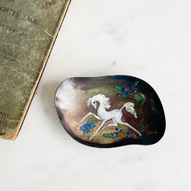 Unicorn Enameled Copper Small Dish Ring Dish Metal Dish Trinket Folktale Fairytale Little Girl Gift Jewelry Dish Artist Signed Mid Century 