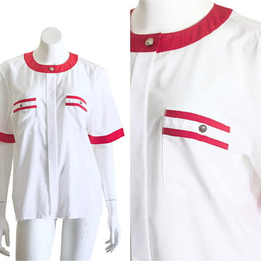 Vintage 1980s Short Sleeve White Blouse with Red Trim 