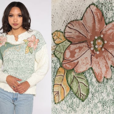 Floral Beaded Sweater 80s 90s Flower Sweater Flecked Off-White Green Applique Pullover Sweater 1980s Pearl Acrylic Knit Retro Vintage Large 