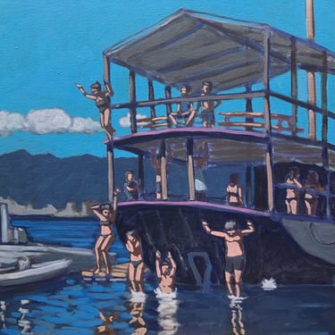 The Willie T - Original Acrylic Painting on Canvas 20 x 20, fine art, willie t's, ocean, water, people, figurative, blue, bvi, michael van 