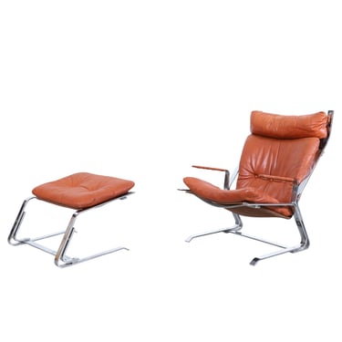 Mid Century Chrome and Leather Lounge Chair and Ottoman by Elsa and Nordahl Solheim