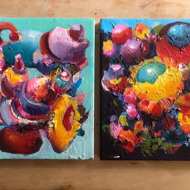 Two Fun Colorful, Contemporary Abstract Acrylic Paintings, each measure 8” x 10”, both on stretched canvas, unsigned. 