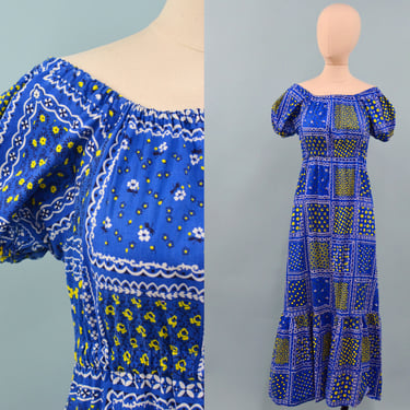 1970s Blue Bandana Print Patchwork Maxi Dress, 70s Faux Patchwork Dress, 70s Empire Waist, Boho Hippie, Size Small by Mo