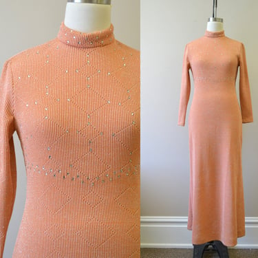 1970s Julie Francis Peach Knit Sparkle Maxi Dress 