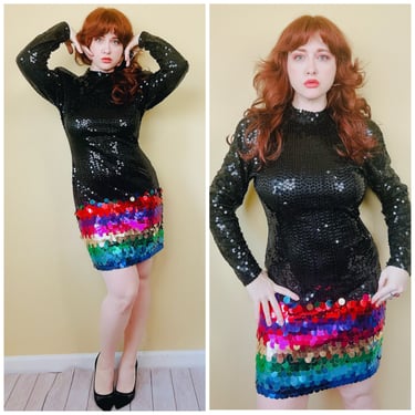 1980s Vintage Niteline Wet Looks Sequin Dress / 80s Rainbow Disco Cut Out Back Body Con Party Dress / Large -XL 