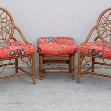 Set of Two 2 McGuire Style Cracked Ice Dining Armchairs Stick Deck Seats Rawhide Bindings And Rolling Ottoman 
