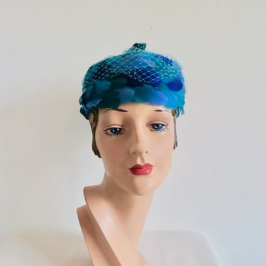 1960's Turquoise Teal Blue Feather Pillbox Hat Mod Style 60's Millinery Spring Summer Eva Mae Modes 