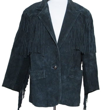 Fringe Jacket, Vintage Winlit, Medium Women, Black Suede, Southwestern, Unisex 